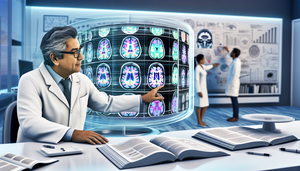 Un científico hispano de mediana edad examina un escaneo cerebral digital en un monitor de alta resolución en un laboratorio de investigación médica. El escaneo muestra colores vibrantes que destacan diferentes regiones del cerebro, simbolizando técnicas avanzadas de imagen. En el fondo, un grupo diverso de investigadores discute frente a una pizarra llena de diagramas y notas, reflejando la colaboración en la investigación avanzada del Alzheimer.