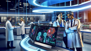 Un laboratorio médico moderno con tecnología avanzada, donde un grupo diverso de médicos, incluyendo un hombre hispano y una mujer asiática, analiza datos complejos en una pantalla digital sobre detección de cáncer. La pantalla muestra gráficos coloridos que simbolizan la integración de IA en oncología. El entorno destaca por su enfoque en la innovación y precisión en la detección precoz del cáncer.