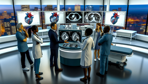 Un grupo diverso de médicos, incluyendo un cardiólogo hispano y una radióloga asiática, discuten colaborativamente frente a una pantalla digital que muestra un escaneo 3D detallado del corazón. La imagen destaca áreas de interés con anotaciones, ilustrando el uso de inteligencia artificial en el diagnóstico cardíaco. Al fondo, se observa equipo médico de alta tecnología y monitores de signos vitales, en un entorno hospitalario moderno y bien iluminado.