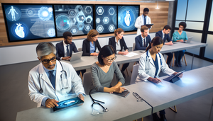 Un aula moderna con médicos de diversas etnias participando en una sesión de e-learning interactivo. Un doctor hispano observa una simulación virtual en una tablet, mientras una doctora asiática toma notas en su laptop. Al fondo, una doctora caucásica y un doctor africano discuten frente a una pantalla con diagramas médicos. El ambiente es colaborativo, destacando el uso de IA en la formación médica continua.