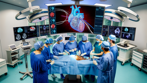 Un equipo diverso de cirujanos en un quirófano moderno, liderado por un cirujano hispano, se concentra en una cirugía cardíaca asistida por IA. Están observando un modelo 3D de un corazón humano en una pantalla digital, utilizando tecnología avanzada para la planificación quirúrgica. La atmósfera refleja colaboración y el uso de inteligencia artificial en el procedimiento.