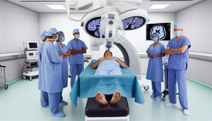 Sala de operaciones de neurocirugía moderna con tecnología avanzada, destacando un brazo robótico quirúrgico sobre un paciente hispano de mediana edad. Un equipo diverso de neurocirujanos, incluyendo una mujer hispana y un hombre asiático, monitorea el procedimiento. Una pantalla digital muestra un escaneo cerebral 3D, resaltando la precisión del sistema de navegación.