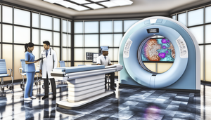 Sala de hospital moderna con un escáner PET-CT de diseño avanzado en el centro. Un equipo diverso de profesionales médicos, incluyendo un médico hispano y una técnica asiática, discuten mientras observan imágenes detalladas de PET-CT en una pantalla digital. La atmósfera refleja colaboración e innovación en medicina nuclear con la integración de IA.