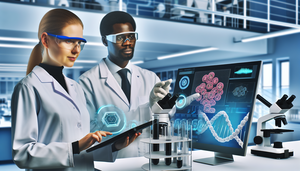 Un laboratorio moderno con un equipo diverso de científicos colaborando. En primer plano, una científica hispana en sus 30s observa una pantalla con visualizaciones de datos y estructuras moleculares. A su lado, un científico surasiático en sus 40s señala un modelo 3D de una cadena de ADN en una tableta. Al fondo, una científica caucásica en sus 50s examina tubos de ensayo con líquidos coloridos. El laboratorio está equipado con tecnología avanzada, incluyendo monitores que muestran algoritmos de IA analizando biomarcadores de cáncer, reflejando un ambiente de innovación y trabajo en equipo.