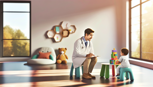 Pediatra hispano en consulta con un niño pequeño, observando su juego con bloques de construcción para evaluar hitos del desarrollo. Un padre observa atentamente desde el fondo. El ambiente es cálido y acogedor, resaltando la importancia de la evaluación temprana en pediatría.