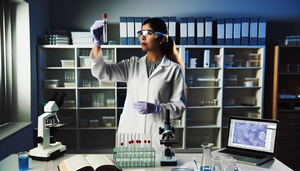 Científica hispana en laboratorio, examinando un tubo de ensayo con líquido claro, simbolizando técnicas serológicas en inmunodiagnóstico para detección precisa de anticuerpos.