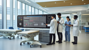 Un grupo diverso de profesionales de la salud, incluyendo un médico hispano, una enfermera asiática y un técnico negro, se reúne alrededor de una pantalla digital que muestra una interfaz de historia clínica electrónica con datos de pacientes y análisis generados por IA. Al fondo, una doctora caucásica revisa información en una tableta. El entorno refleja la integración de la IA en la atención médica, destacando la innovación, la eficiencia y el trabajo en equipo en un hospital moderno.