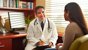 Consultorio médico acogedor con iluminación natural. Un médico hispano de mediana edad, con bata blanca y sonrisa amable, escucha atentamente a una paciente joven hispana. La interacción refleja confianza y empatía, con un ambiente profesional y cálido.