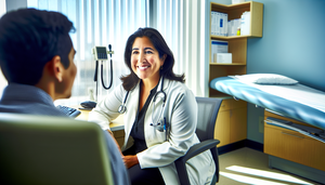 Una doctora hispana de mediana edad, con una cálida sonrisa, escucha atentamente a un paciente joven hispano en una sala de consulta. La interacción refleja un ambiente de confianza y empatía, con la doctora mostrando lenguaje corporal atento y el paciente comprometido en la conversación.