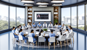 Sala de conferencias de hospital moderna con profesionales de la salud diversos colaborando en una reunión. En el centro, una mesa redonda rodeada de médicos, enfermeras y especialistas de diferentes etnias, discutiendo sobre la atención al paciente. En la pared, una pantalla muestra un gráfico digital con datos de pacientes, reflejando un ambiente de enfoque y trabajo en equipo.