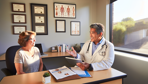 Un consultorio médico iluminado por luz natural, donde un médico hispano de mediana edad, sonriente, sostiene una tableta y explica algo a una paciente hispana de unos 60 años que escucha atentamente. En el escritorio hay folletos médicos y una planta pequeña. Las paredes muestran certificados y un póster sobre elecciones de estilo de vida saludable. La imagen refleja una relación colaborativa y de apoyo entre médico y paciente, destacando la importancia de la educación sanitaria y la modificación de conducta para mejorar la adherencia al tratamiento y los resultados en enfermedades crónicas.