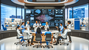 Un grupo diverso de profesionales de la salud, incluidos médicos y enfermeras, se reúne en un hospital moderno alrededor de una pantalla digital grande que muestra visualizaciones de datos complejos. La pantalla está dividida en dos secciones: 