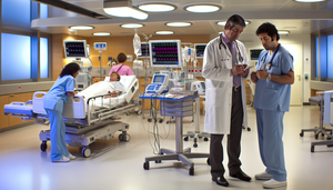 Sala de emergencias en un hospital moderno en España, con un equipo de profesionales de la salud trabajando en conjunto. En primer plano, un médico español revisa atentamente el historial de un paciente, mientras una enfermera prepara equipo médico. Al fondo, un paciente estable está conectado a dispositivos de monitoreo. La escena refleja un ambiente de urgencia enfocada y trabajo en equipo.