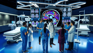 Equipo médico diverso de médicos y enfermeras de ascendencia hispana en un hospital moderno, analizando una pantalla digital con una imagen cerebral. La pantalla muestra vías neuronales resaltadas, indicando el uso de algoritmos de IA para el diagnóstico y manejo del ictus. El ambiente refleja innovación y colaboración en la atención neurológica inmediata.