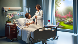 Un médico compasivo de ascendencia hispana escucha atentamente a un paciente anciano en una habitación de hospital iluminada por luz natural. El paciente, de ascendencia hispana, sostiene un objeto reconfortante mientras se sienta en la cama. En la mesa de noche hay un jarrón con flores frescas y algunos gráficos médicos. La ventana al fondo muestra un jardín tranquilo, simbolizando esperanza y tranquilidad en el manejo de síntomas terminales.