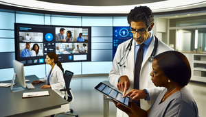 Oficina médica moderna con un grupo diverso de profesionales de la salud colaborando. En el centro, un médico hispano de unos 40 años revisa atentamente una tableta digital con una interfaz de EMR, mientras una enfermera de ascendencia africana señala la pantalla, sugiriendo una discusión colaborativa. Al fondo, una doctora caucásica en sus 50s escribe notas en un sistema EMR. La imagen refleja el uso eficiente de la tecnología para maximizar el tiempo clínico efectivo mediante la gestión de historias clínicas y sistemas EMR.