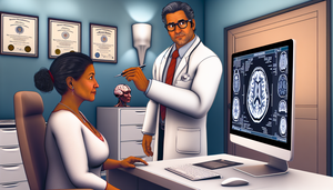 Una mujer hispana de mediana edad observa atentamente una pantalla de computadora que muestra una imagen detallada de un escaneo cerebral en el consultorio de un médico. Un doctor hispano de unos 50 años, con bata blanca y gafas, señala la imagen con un bolígrafo mientras explica el escaneo. La escena resalta la importancia de la neuroimagen en la detección temprana de meningiomas.