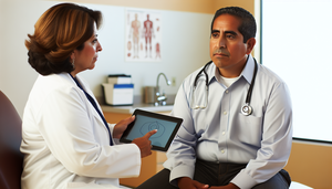 Paciente hispano de mediana edad en consulta médica, escuchando atentamente a una doctora hispana que le explica el uso de metoprolol y betabloqueantes con un diagrama del corazón en una tableta. En el escritorio hay frascos de medicamentos etiquetados como 