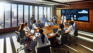 Sala de juntas de un hospital moderno con luz natural, donde un grupo diverso de profesionales de la salud participa en una reunión. En la pared, una pantalla digital muestra gráficos sobre gestión sanitaria y benchmarking. La atmósfera es de colaboración y enfoque en la innovación en la gestión de la salud.
