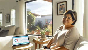 Mujer hispana de mediana edad sentada en su sala de estar, sonriendo mientras revisa una aplicación de monitoreo de salud en una tableta, que muestra datos sobre su condición crónica. La escena refleja un ambiente cálido y organizado, destacando el uso de tecnología para mejorar la gestión de su salud.