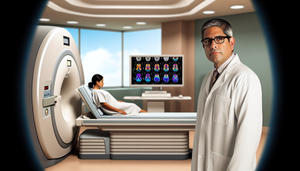 Sala de hospital moderna con un médico hispano de mediana edad examinando escaneos cerebrales en una pantalla digital, destacando el uso innovador de la resonancia magnética funcional para el diagnóstico de condiciones neurológicas. En el fondo, una paciente hispana se prepara para su escaneo en una máquina de resonancia magnética avanzada.