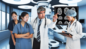 Equipo diverso de profesionales de la salud en un hospital moderno discutiendo un escaneo cerebral en una pantalla digital. Un neurólogo hispano de mediana edad señala el escaneo mientras explica a una enfermera asiática joven que toma notas en una tableta y a una radióloga caucásica mayor que escucha atentamente. El entorno resalta un enfoque multidisciplinario en el cuidado del ictus.