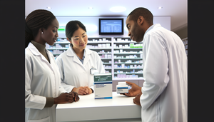 Fotografía de una farmacia moderna con tres farmacéuticos de diversas etnias examinando un paquete de medicamento nuevo. El paquete, con la etiqueta 