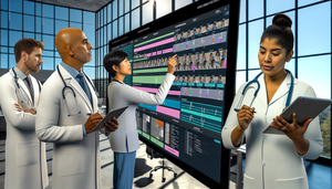 Consultorio médico moderno con profesionales de la salud colaborando frente a una pantalla digital que muestra un sistema de agenda y triaje codificado por colores. Una doctora hispana en sus 40s señala la pantalla mientras explica el sistema a sus colegas. El ambiente refleja trabajo en equipo y eficiencia en la organización de turnos y priorización de casos.