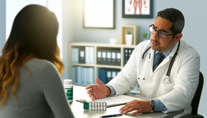 Un médico hispano de unos 40 años, con bata blanca y estetoscopio, explica atentamente a una paciente hispana de unos 30 años en un consultorio médico. En el escritorio hay un frasco de tabletas de paracetamol, destacando el tema de la conversación sobre los efectos secundarios y la dosificación del medicamento. El ambiente es profesional y acogedor, subrayando la importancia de la comunicación y el cuidado en la consulta médica.