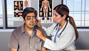 Paciente hispano de mediana edad con parálisis facial asimétrica en una consulta médica. La doctora, también hispana, examina atentamente al paciente, enfocándose en la evaluación de parálisis de Bell versus ictus. El entorno clínico incluye diagramas anatómicos y herramientas médicas, subrayando la importancia de una exploración neurológica cuidadosa.