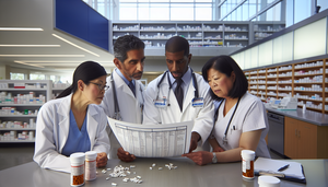Un grupo diverso de profesionales de la salud en un hospital moderno revisa un gráfico médico con nombres y dosis de antibióticos. Incluye a un médico hispano, una farmacéutica asiática y una enfermera afroamericana, todos colaborando para asegurar prácticas seguras de prescripción de antibióticos. El entorno es profesional y enfocado, destacando la importancia del uso racional de antibióticos para combatir la resistencia bacteriana.