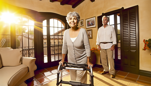 Una sala de estar luminosa en un hogar de estilo español, donde una mujer hispana mayor utiliza un andador con cuidado, mientras un hombre de mediana edad la observa con una sonrisa de apoyo. La habitación está organizada para prevenir caídas, con un camino despejado y alfombras antideslizantes, destacando la importancia de la seguridad y el apoyo familiar en la prevención de caídas en ancianos.