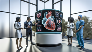 Un grupo diverso de profesionales de la salud, incluyendo un médico hispano, una enfermera afroamericana y una investigadora médica asiática, discuten frente a una pantalla digital que muestra un modelo 3D detallado de un corazón y datos de algoritmos de riesgo cardiovascular. La escena refleja un ambiente de innovación y trabajo en equipo en un entorno médico moderno, destacando la integración de la IA en la medicina preventiva.