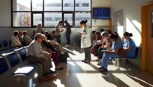Sala de espera de hospital en España con pacientes diversos esperando su turno. Un médico español en bata blanca conversa con una enfermera de ascendencia hispana en uniforme azul. La atmósfera es calmada y organizada, reflejando un sistema de triage eficiente.