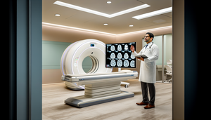 Sala de radiología moderna con un escáner CT avanzado en el centro. Un radiólogo hispano con bata blanca observa un monitor que muestra una imagen 3D detallada de un cerebro humano, destacando el uso de IA en el análisis. Una colega escucha atentamente y toma notas en una tableta digital, reflejando un entorno colaborativo y tecnológico en el diagnóstico médico.