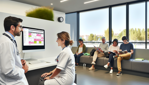 Oficina médica moderna en España con un ambiente profesional y amigable. Un médico hispano y una enfermera europea, ambos en batas blancas, discuten un sistema de programación digital en una pantalla de computadora que muestra un calendario colorido y organizado. Al fondo, una sala de espera con pacientes de diversas edades y etnias. La luz natural y las plantas crean un ambiente calmado y eficiente, destacando la reducción del tiempo de espera en consultas.
