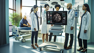 Un grupo diverso de médicos, incluyendo una oncóloga hispana, un radiólogo asiático y una científica de datos negra, discuten frente a una pantalla digital que muestra un modelo 3D de un tumor con datos y gráficos de algoritmos predictivos. En el fondo, un paciente hispano observa desde una cama de hospital. La escena refleja innovación y optimismo en el pronóstico del cáncer, con tecnología avanzada y un ambiente cálido.