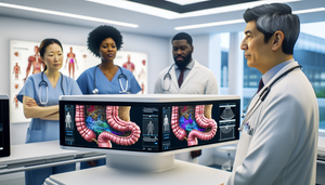 Un grupo diverso de profesionales de la salud en un hospital moderno, incluyendo un médico hispano, una enfermera negra y un investigador médico asiático, discuten frente a una pantalla digital interactiva que muestra un modelo 3D del colon humano. La pantalla destaca áreas relacionadas con el cáncer colorrectal, con etiquetas en español como 