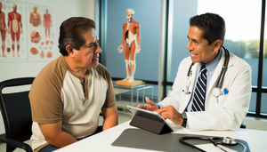 Un paciente hispano de mediana edad conversa con un médico hispano en una consulta médica moderna. El médico, con bata blanca y estetoscopio, utiliza una tableta digital para explicar información importante. El paciente escucha con atención, mostrando preocupación pero también esperanza. La imagen refleja una relación médico-paciente de apoyo y comprensión, relevante para el tema del pronóstico y esperanza de vida en el cáncer de pene.