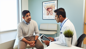 Paciente hispano de mediana edad en consulta médica, conversando con un doctor hispano sobre el cáncer de próstata. El doctor muestra un diagrama de la glándula prostática en una tableta digital. En la pared, un cartel ilustra las etapas del cáncer de próstata. La escena refleja una discusión seria sobre el pronóstico y la esperanza de vida en diferentes etapas del cáncer prostático.