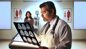 Un médico hispano de mediana edad, con bata blanca y estetoscopio, revisa atentamente una resonancia magnética cerebral en un negatoscopio, enfocándose en el área de la glándula pituitaria. Al fondo, una paciente hispana de unos 30 años observa al médico desde una camilla de examen. La imagen transmite profesionalismo y esperanza en el contexto del pronóstico y supervivencia de tumores pituitarios.