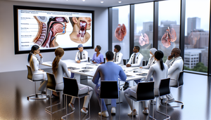 Un grupo diverso de profesionales de la salud, incluidos médicos y enfermeros, se reúne alrededor de una mesa de conferencias en un hospital moderno. Están discutiendo sobre el cáncer de nasofaringe, observando una pantalla digital que muestra una ilustración anatómica del nasofaringe y gráficos sobre el pronóstico y la supervivencia de este cáncer. La imagen refleja un ambiente de colaboración y enfoque en la investigación médica global.