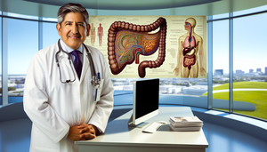 Doctor hispano de mediana edad en bata blanca y estetoscopio, observando atentamente un gráfico anatómico del sistema digestivo con enfoque en la vesícula biliar, en una oficina moderna de hospital.