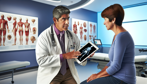 Un médico hispano de mediana edad, con bata blanca y estetoscopio, explica un diagnóstico a una paciente hispana en sus 40 años, señalando un modelo 3D de un esqueleto humano en una tableta digital, destacando las áreas de cartílago. La paciente escucha atentamente, mostrando comprensión. El ambiente es profesional y empático, subrayando la importancia de la comunicación médico-paciente en el entendimiento de condiciones como el condrosarcoma.