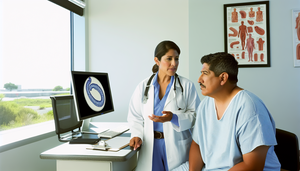 Un hombre hispano de mediana edad en una consulta médica moderna, vistiendo una bata de hospital azul claro, escucha atentamente a una doctora hispana que le explica el pronóstico del cáncer de esófago, señalando un diagrama en una pantalla. La atmósfera es profesional y esperanzadora.