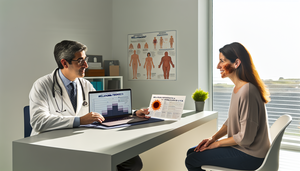 Doctor hispano de mediana edad en una oficina médica moderna, explicando a una paciente hispana en sus 40s sobre las etapas del melanoma y tasas de supervivencia, con un gráfico en su laptop y un folleto titulado 