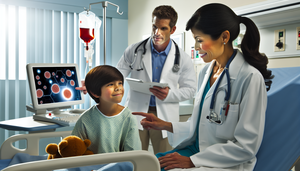 Un grupo diverso de profesionales de la salud en un hospital moderno. En primer plano, una doctora hispana revisa un expediente médico, mientras un doctor asiático señala una pantalla digital con un diagrama de células sanguíneas, simbolizando la leucemia. Al fondo, una enfermera caucásica interactúa con un niño paciente, creando un ambiente de cuidado y profesionalismo. La imagen transmite esperanza y colaboración en el tratamiento de la leucemia.