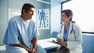Un hombre hispano de mediana edad, vestido con una bata de hospital azul claro, escucha atentamente a una doctora hispana en su consultorio. La doctora, con una expresión amable, sostiene un portapapeles mientras explica algo. El consultorio es moderno y limpio, con un ambiente profesional y compasivo. En la pared, se ve un diagrama del sistema respiratorio humano.