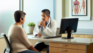 Un médico hispano de mediana edad revisa atentamente el historial médico de una paciente hispana de unos 50 años en una sala de consulta hospitalaria iluminada por luz natural. En el monitor de la computadora se muestra un gráfico relacionado con tasas de supervivencia y factores pronósticos del cáncer de ano, aunque los detalles están desenfocados. La interacción refleja un ambiente profesional y empático, destacando la comunicación médico-paciente en la toma de decisiones clínicas.
