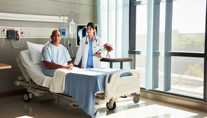 Habitación de hospital iluminada naturalmente, con un paciente hispano de mediana edad en la cama, luciendo esperanzado. A su lado, una doctora hispana sonriente sostiene una tableta con una imagen de un escaneo pulmonar, simbolizando el enfoque optimista y de apoyo en el pronóstico y la supervivencia del cáncer de pulmón de células no pequeñas.